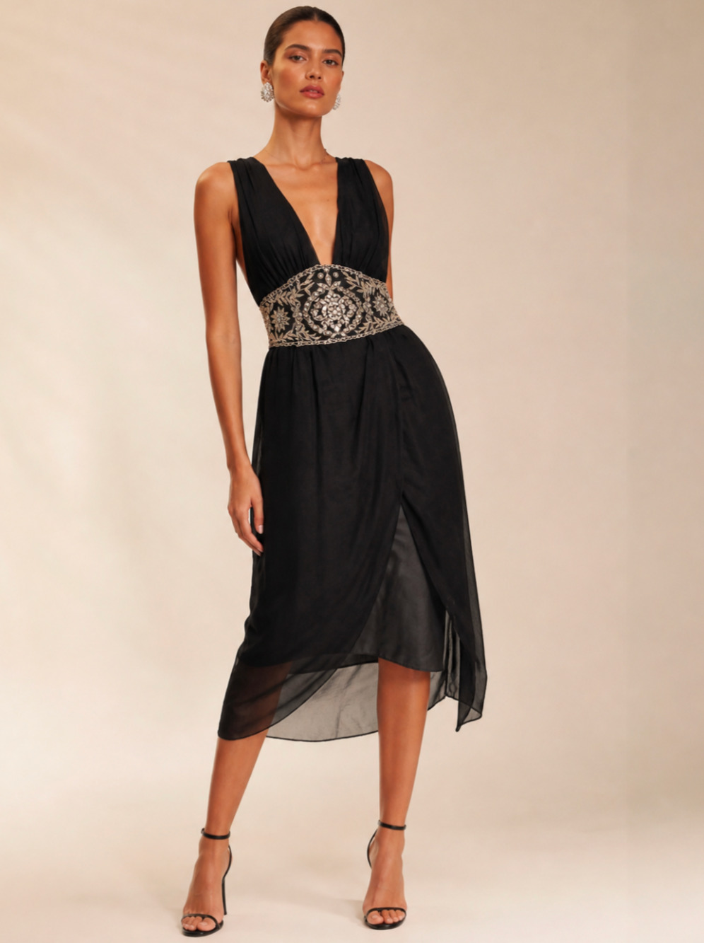 Mandalay Black Silk Beaded Empire Waist Midi Dress Size 10
